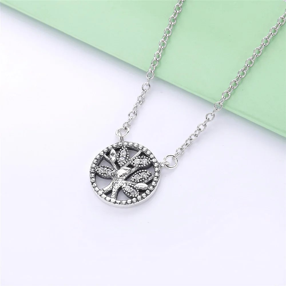 silver Новое 925 пробы Серебряное Очаровательное ожерелье с фианитами Древо жизни с прозрачным фианитом модная цепочка для ключицы подходит для DIY ювелирных изделий подарок на день матери - Окраска металла: silver