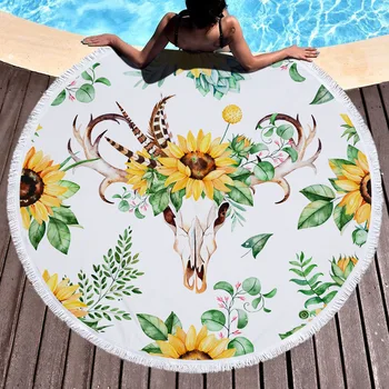 

Sunflower Sheep Skull Beach Towels Printed Women's Shawl Fringe Microfiber Round Fabric Bath Towels For Living Room Home Decor