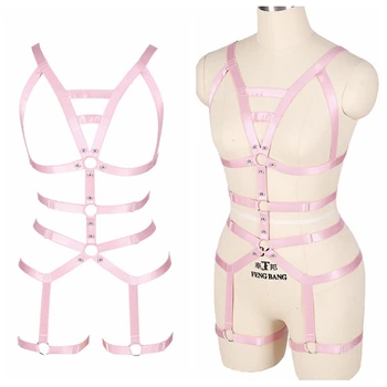 

Full Body Harness for Women Lingerie Crop Top Pink Strappy Cage Bra Halloween Rave Wear Garter Belt Waist Plus Size Elastic