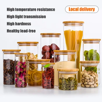 

Kitchen Food Storage Transparent Glass Jars with Bamboo Cover Sealed Cans Bottles Spice Jars Candy Box Kitchen Storage Can