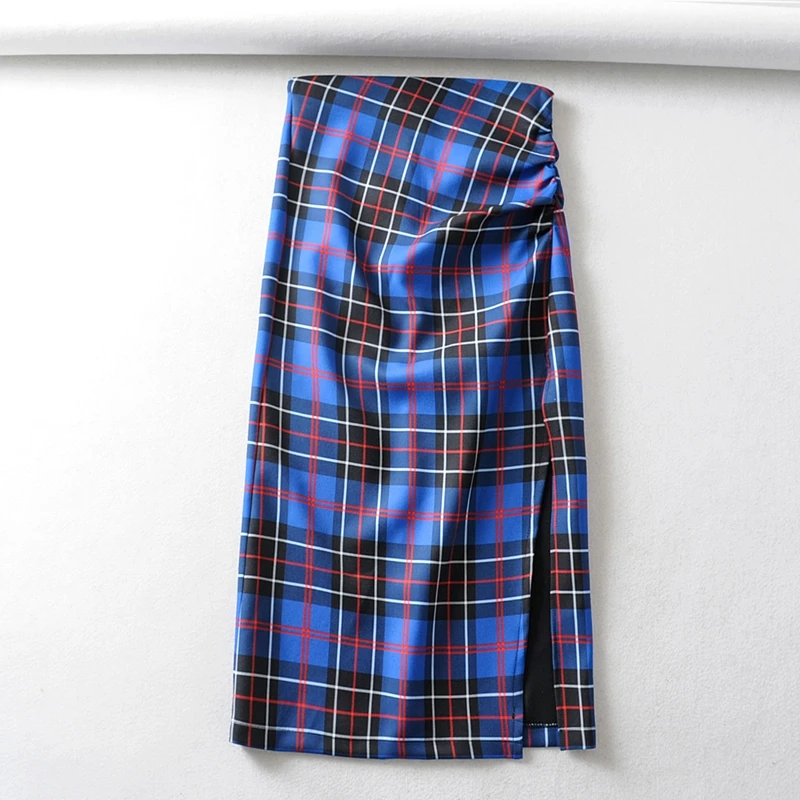 Tangada, модная женская винтажная клетчатая юбка, плиссированная элегантная женская юбка на молнии, Ретро стиль, юбки до середины икры, 6A122 - Цвет: Синий