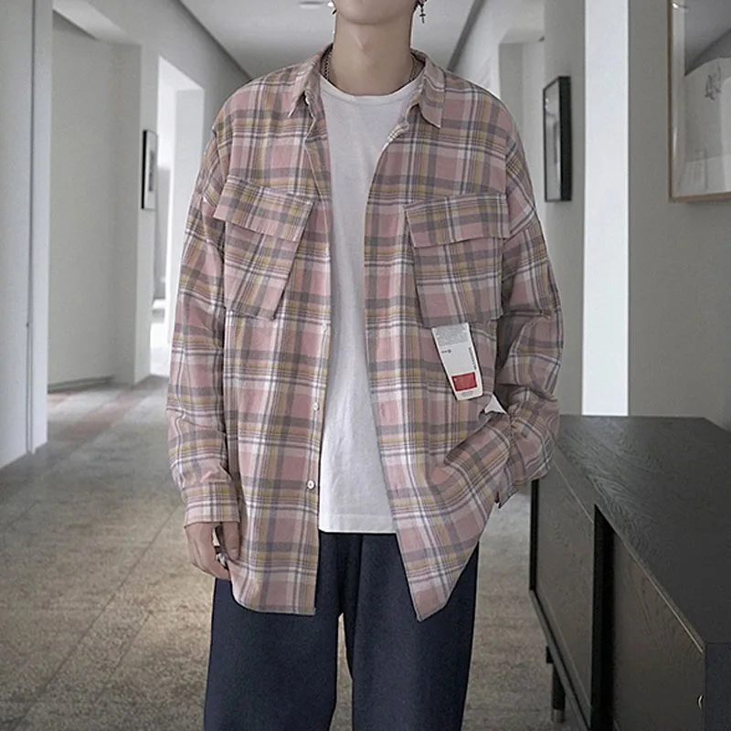 Oversized большие мужские рубашки в клетку с длинными рукавами шикарная модная хлопковая рубашка в клетку в стиле хип-хоп топы уличная Мужская осенняя синяя/розовая