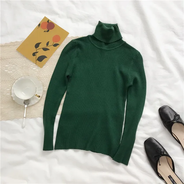 2022 Autumn Winter Thick Sweater Women Knitted Ribbed Pullover Sweater Long Sleeve Turtleneck Slim Jumper Soft Warm Pull Femme green