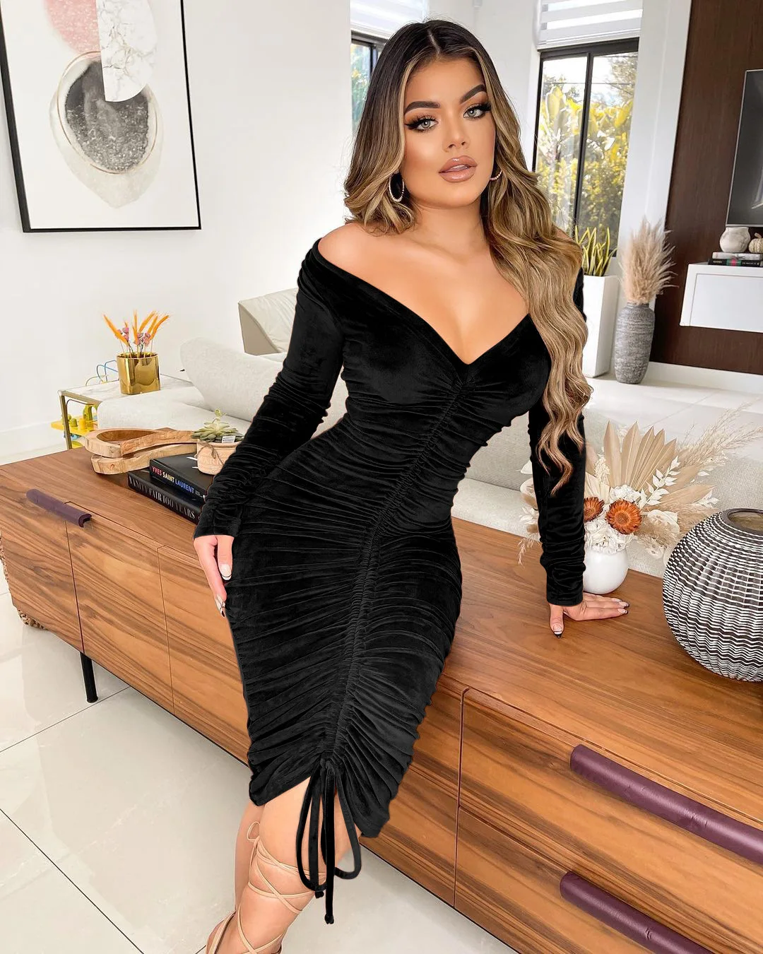 Sexy Velvet Drawstring Dress Women Autumn Winter One Shoulder V-neck Long Sleeve Slim Elastic Bodycon Midi Dresses Party Vestido a line dress