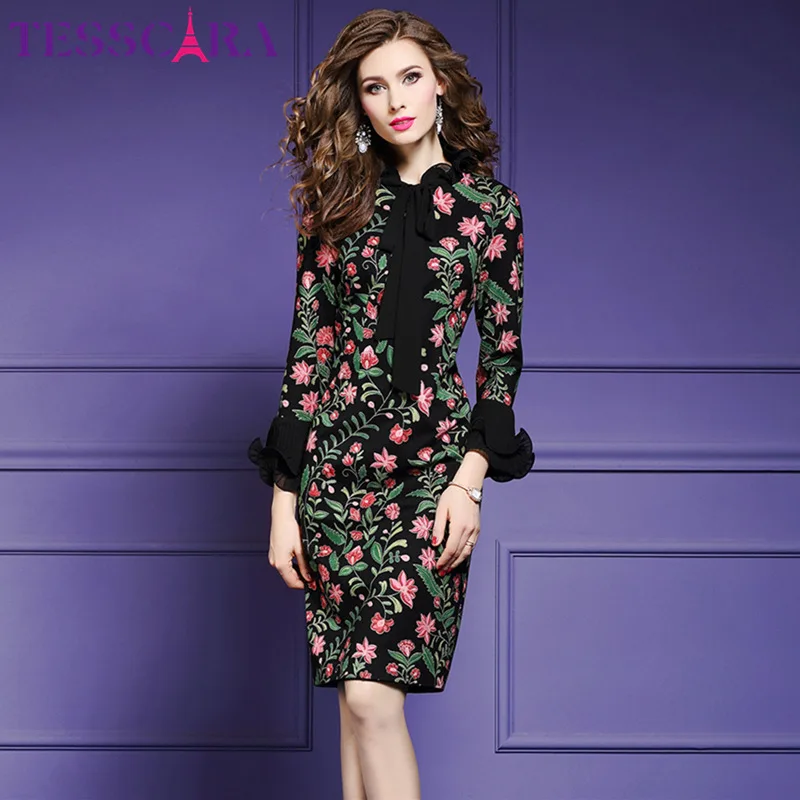 TESSCARA, женское осеннее элегантное платье с цветочным принтом, женское винтажное дизайнерское платье с рюшами, Ретро стиль, офисные вечерние платья, женское платье размера плюс - Цвет: Print