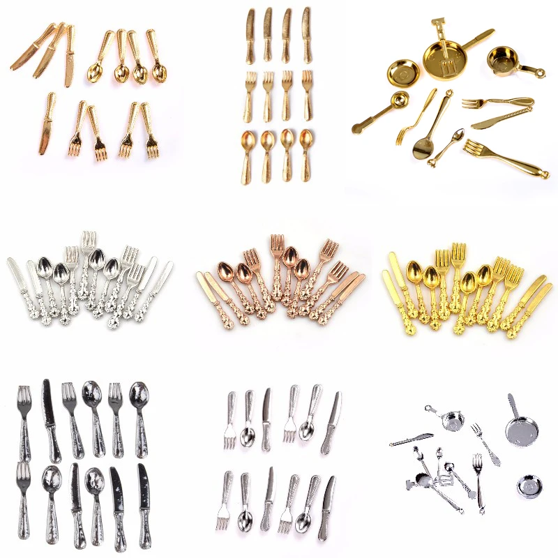 11/12Pcs Vintage Dollhouse Miniatures Tableware Mini Cutlery Knife Fork Spoon Childrens Toy For Doll House Decor