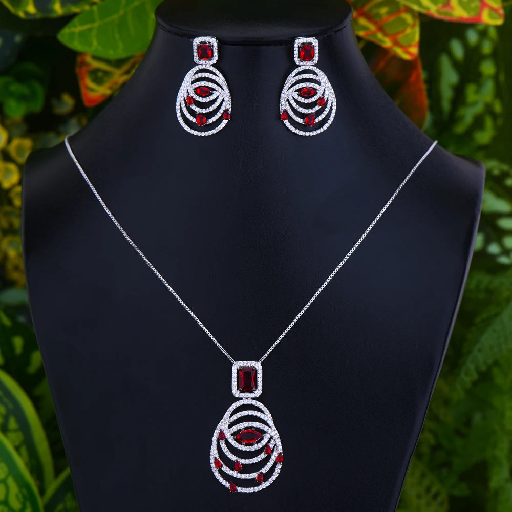 GODKI, роскошные скрученные линии, 2 шт., Дубай, ожерелье, серьги, набор, кубический циркон, ювелирные наборы для женщин, свадебные индийские свадебные ювелирные наборы - Окраска металла: Red