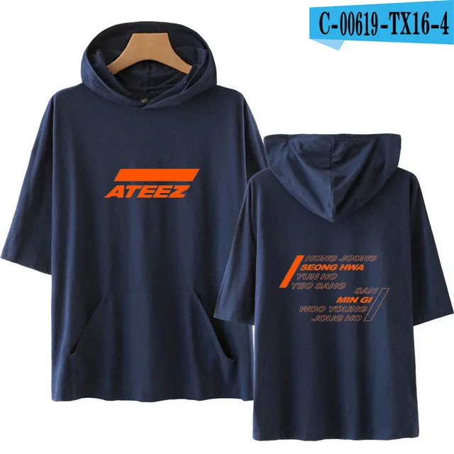 navy blue KPOP ATEEZ футболки с капюшоном для мужчин и женщин, новая стильная уличная одежда, летние футболки с коротким рукавом, толстовки, футболка, Harajuku футболка - Цвет: navy blue