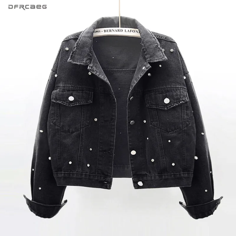 BlackVintageOversizedWomenShortJeansJacketWithPearlsDiamonds