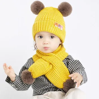 

Doitbest 1 to 4 years old winter beanie for kids baby Double fur ball Knit hats winter 2 pcs boy girl hat scarf set