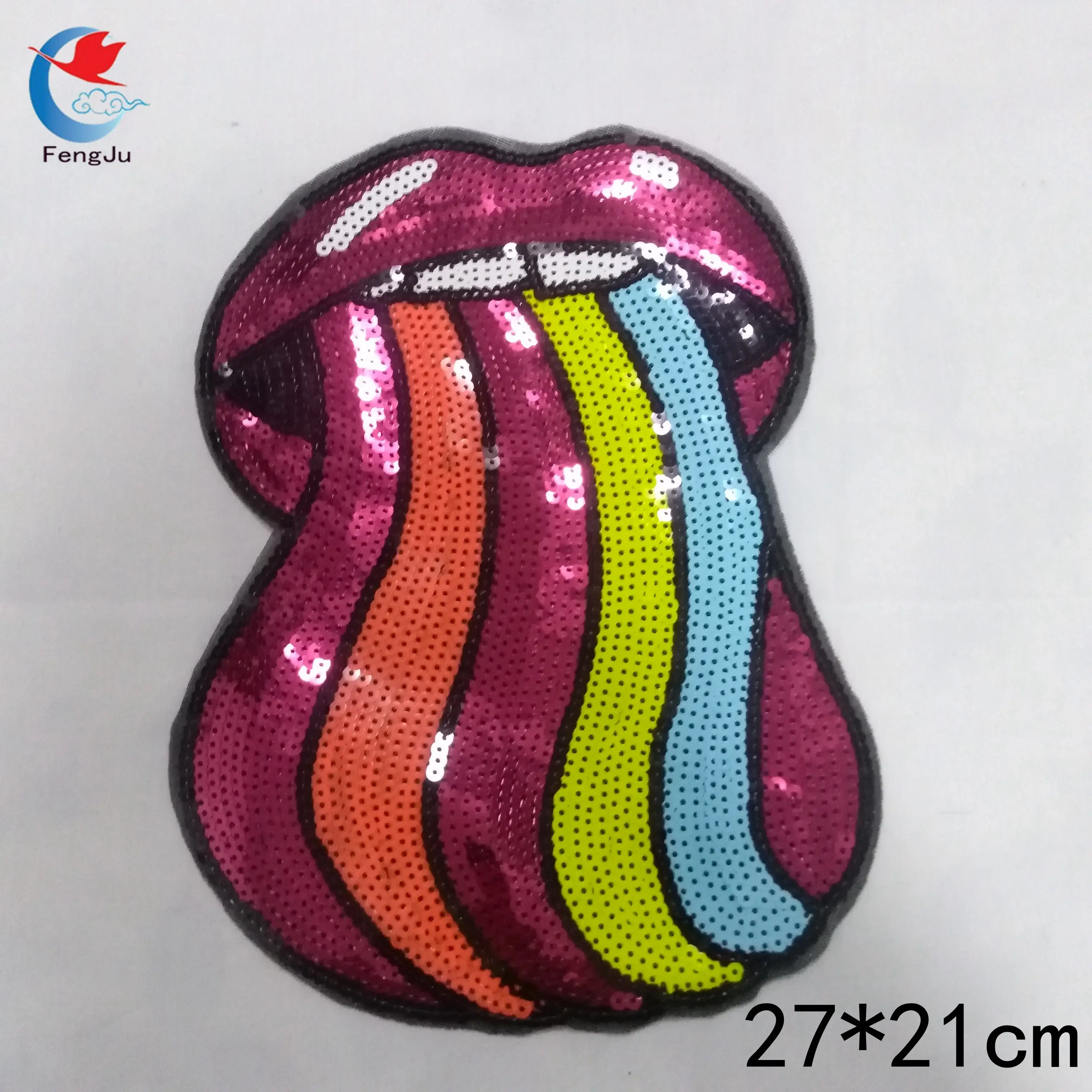 

FengJu Mouth coloured tongue Sequined Patch Big Motif Beading Applique Mouth Sewon Patches for Clothing Sequined Stickers 1pc