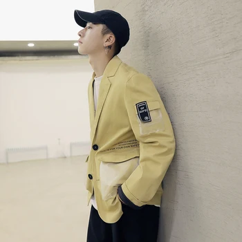 

2019 Trendy Hip Hop Blazer Men Contrast Pocket Khaki Black Loose Suit Coat Plus Size 2019 Korean Fashion Blazer Jacket Man