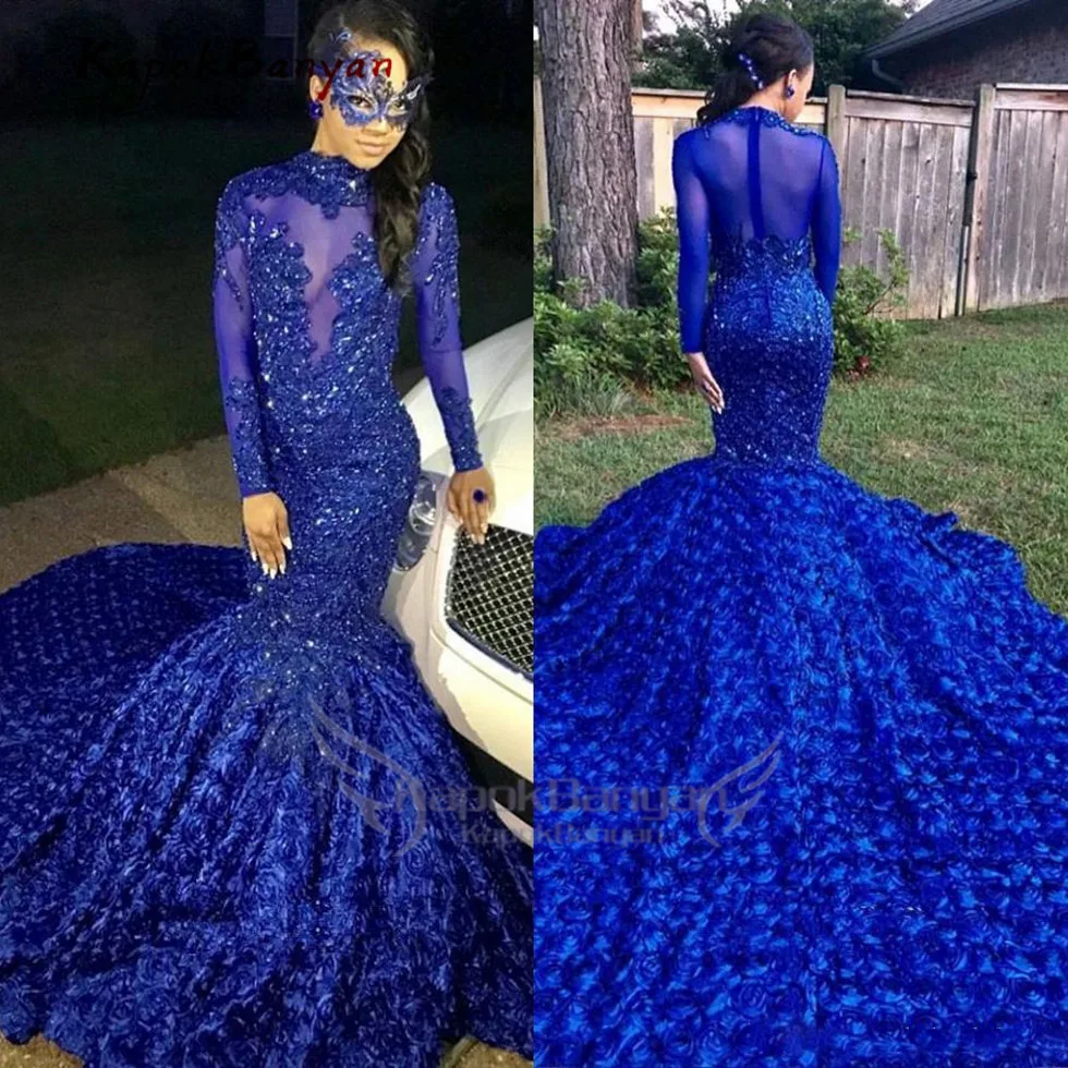 Zwarte Meisjes Mermaid Lange Prom Dresses Royal Blue Lange Mouwen 3d Bloemen Rok Lace Applique Kralen Formele Gowns Zwarte Meisjes Mermaid Lange Prom Dresses Royal Blue Lange Mouwen 3d Bloemen Rok Lace Applique Kralen Formele Gowns