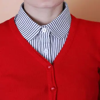 

Women Vertical Striped Lapel Fake Collar Button Down Sweater Half-Shirt Blouse