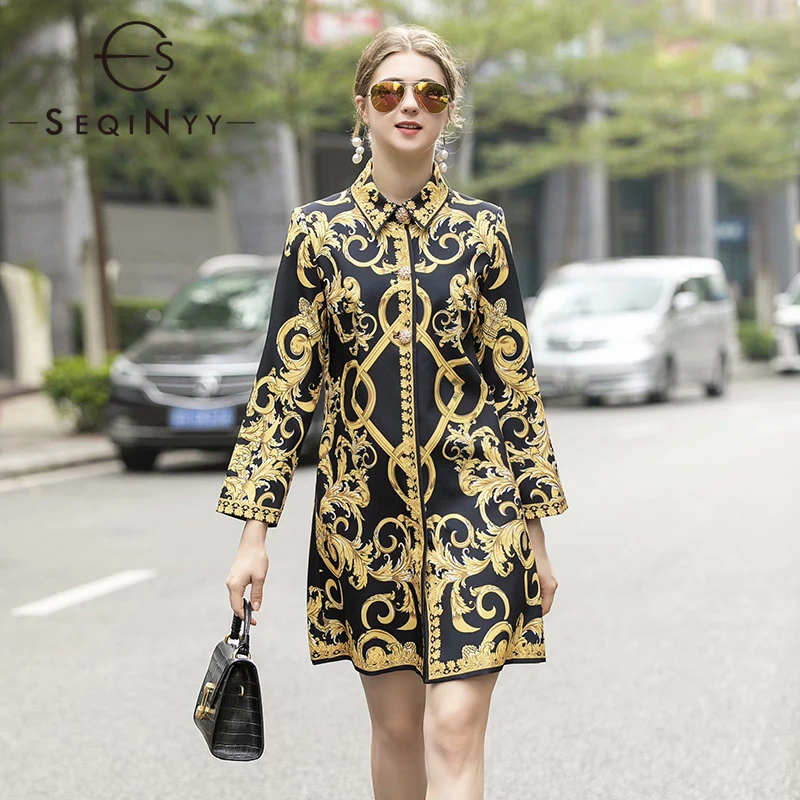 

SEQINYY Vintage Coat 2020 Autumn Winter New Fashion Design Women High Quality Golden Flower Print Black Long Top
