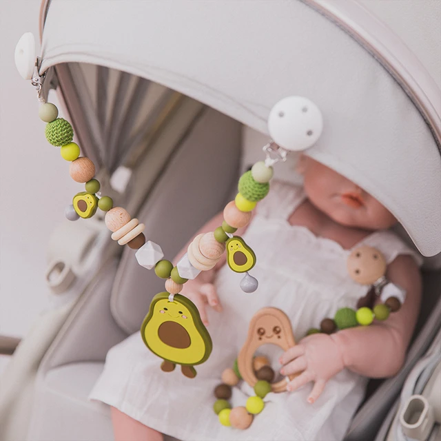 1set Baby Teether Wooden Pram Clip Baby Mobile Pram Silicone Avocado Teeth  Pendant Pacifier Chain Mobile