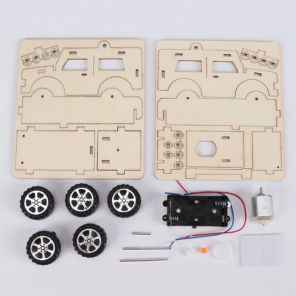 DIY Wood Electric Jeep Car Assembled Scientific painted exercise children's hands-on ability Experiment Kids Education Toys