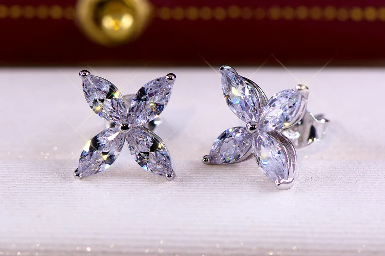 Очаровательные женские цветочные серьги AAAAA Cz Настоящее серебро 925 пробы свадебные серьги-гвоздики для женщин Свадебные вечерние ювелирные изделия