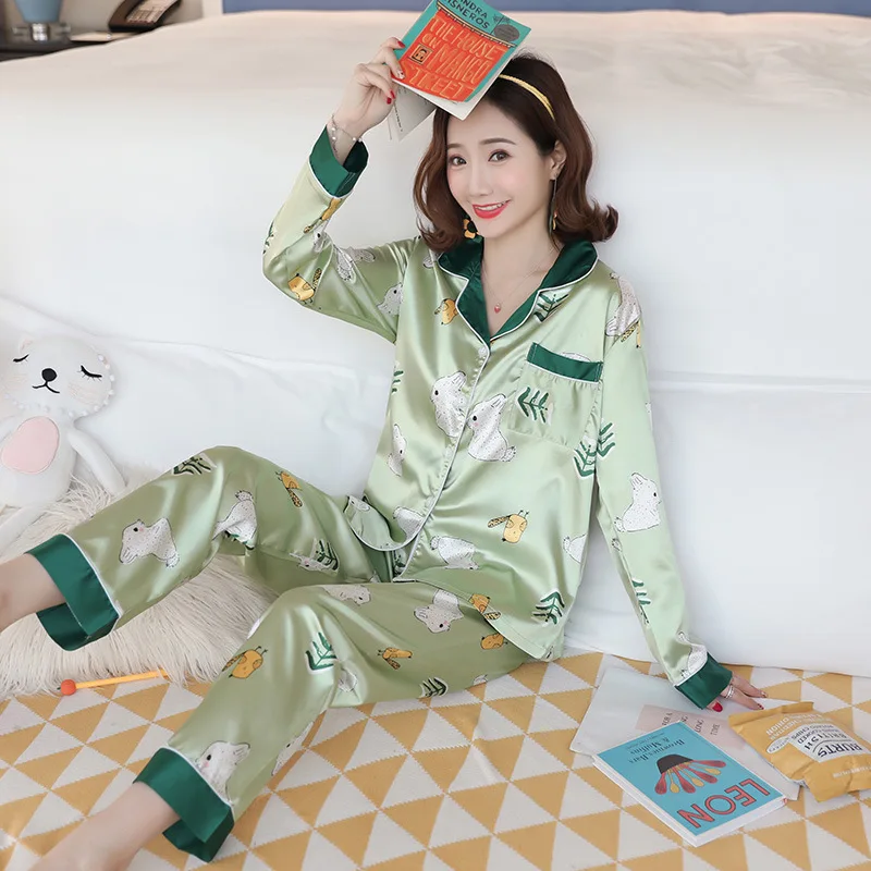 

Autumn And Winter New 2019 Cartoon Imitated Silk Fabric Large GIRL'S Fold-down Collar Pajamas Suit Plus-sized Home Wear Two-Piec