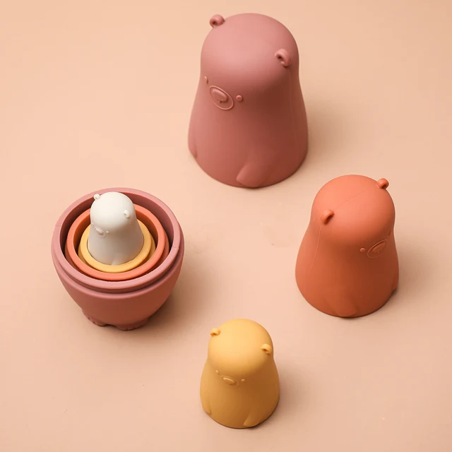 Bopoobo Baby Play Set Silicone Cartoon Bear Matryoshka Toy NO BPA Provides Baby Hand Ability DIY Educational Toys Child Gift 4
