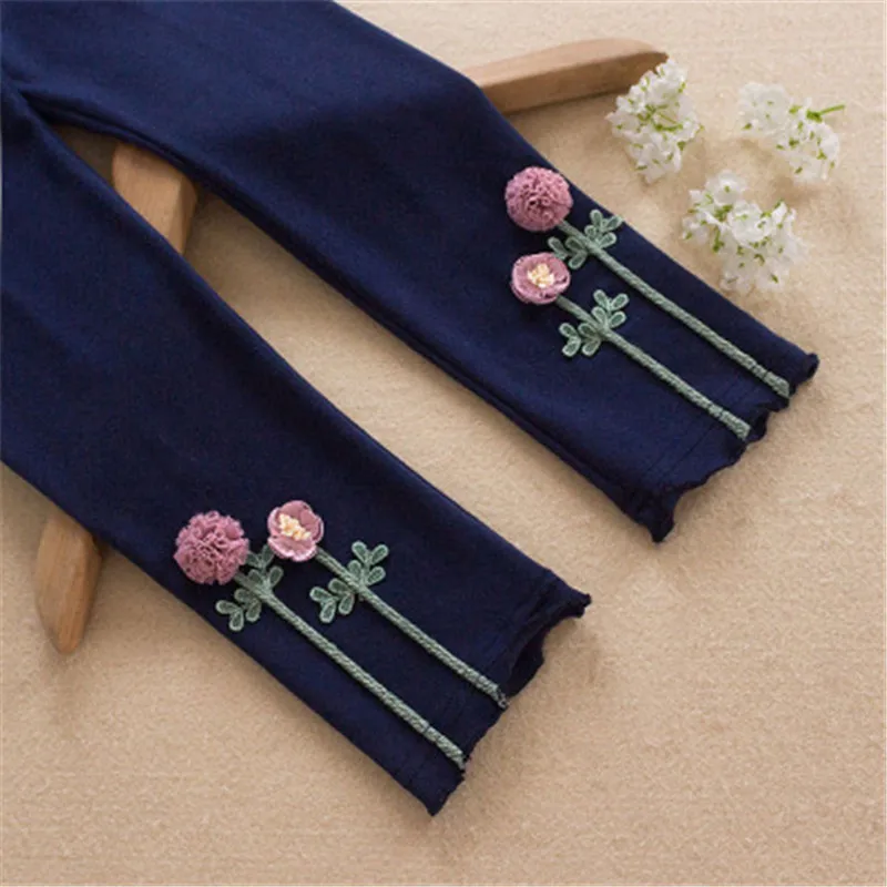Spring Autumn School Girls Leggings Children Trousers Pants For Kids Elastic Cotton Flower Legging Girl Pants 3-11 Years - Цвет: Синий
