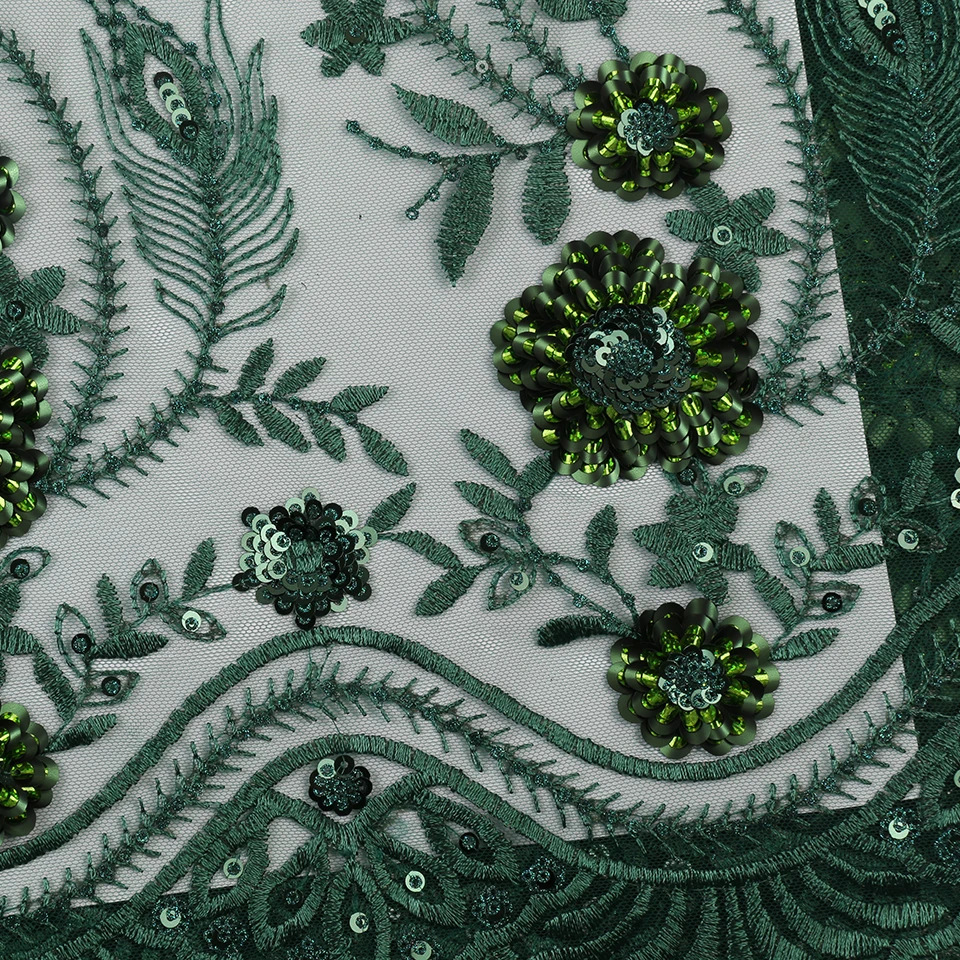 Зеленая африканская французская Тюлевая сетчатая кружевная ткань с блестками высокого качества нигерийские сетчатые кружевные ткани для вечерние и свадебные NI2595
