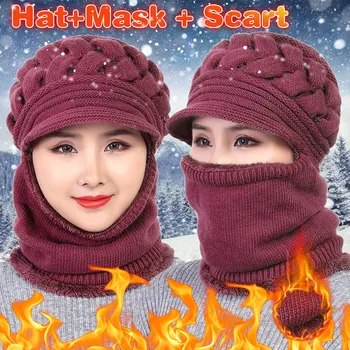 

Female Warm Beanie Hat Riding Snow Caps Winter Women Knitted Hat Scarf Set Hairball Pom Pom Fashion Thickening Hat Collars New