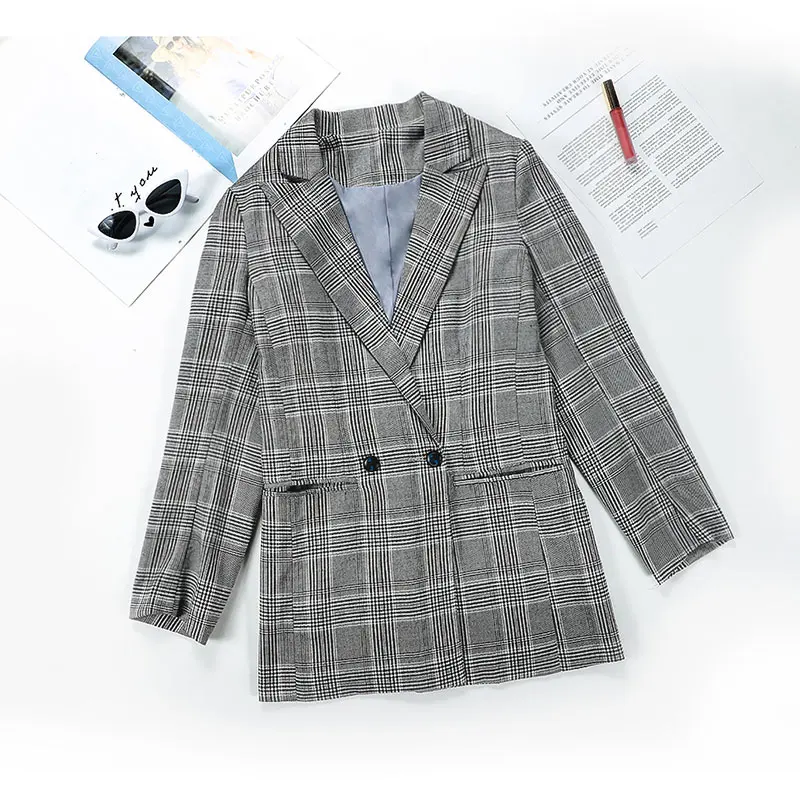 Осенний женский клетчатый винтажный Блейзер однобортный офисный женский пиджак с длинным рукавом женская верхняя одежда женские пальто