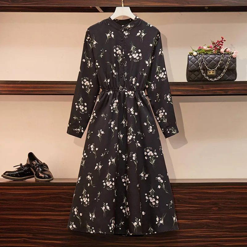 

Spring Autumn Women Long Chiffon Dress Black Floral Print Elegant Elastic Waist Plus Size Dress Korean Chic Vestido Maxi Dresses