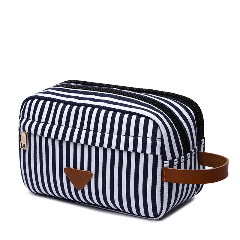 

Blue Striped Canvas Cosmetic Bag with Leather Decoration New Fashion Travel Men Toiletry Organizer Women Toilet Makeup Bag