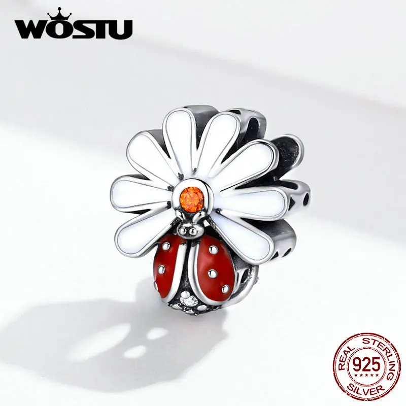 

WOSTU Real 925 Sterling Silver Ladybug Flower Charm Fit Original Bracelet Pendant Red Enamel Women Jewelry Making FIC1275