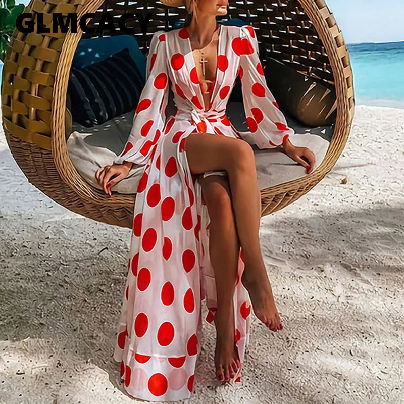 Women Polka Dot Printed Boho Beach Long Dress Summer V Neck Long Sleeve Party Dress Elegant Maxi Robe Women Polka Dot Printed Boho Beach Long Dress Summer V Neck Long Sleeve Party Dress Elegant Maxi Robe