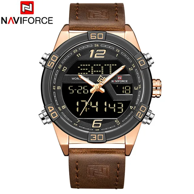 Мужские часы Топ люксовый бренд NAVIFORCE мужские кожаные спортивные часы водонепроницаемые кварцевые цифровые часы мужские армейские военные наручные часы - Цвет: brown black gold