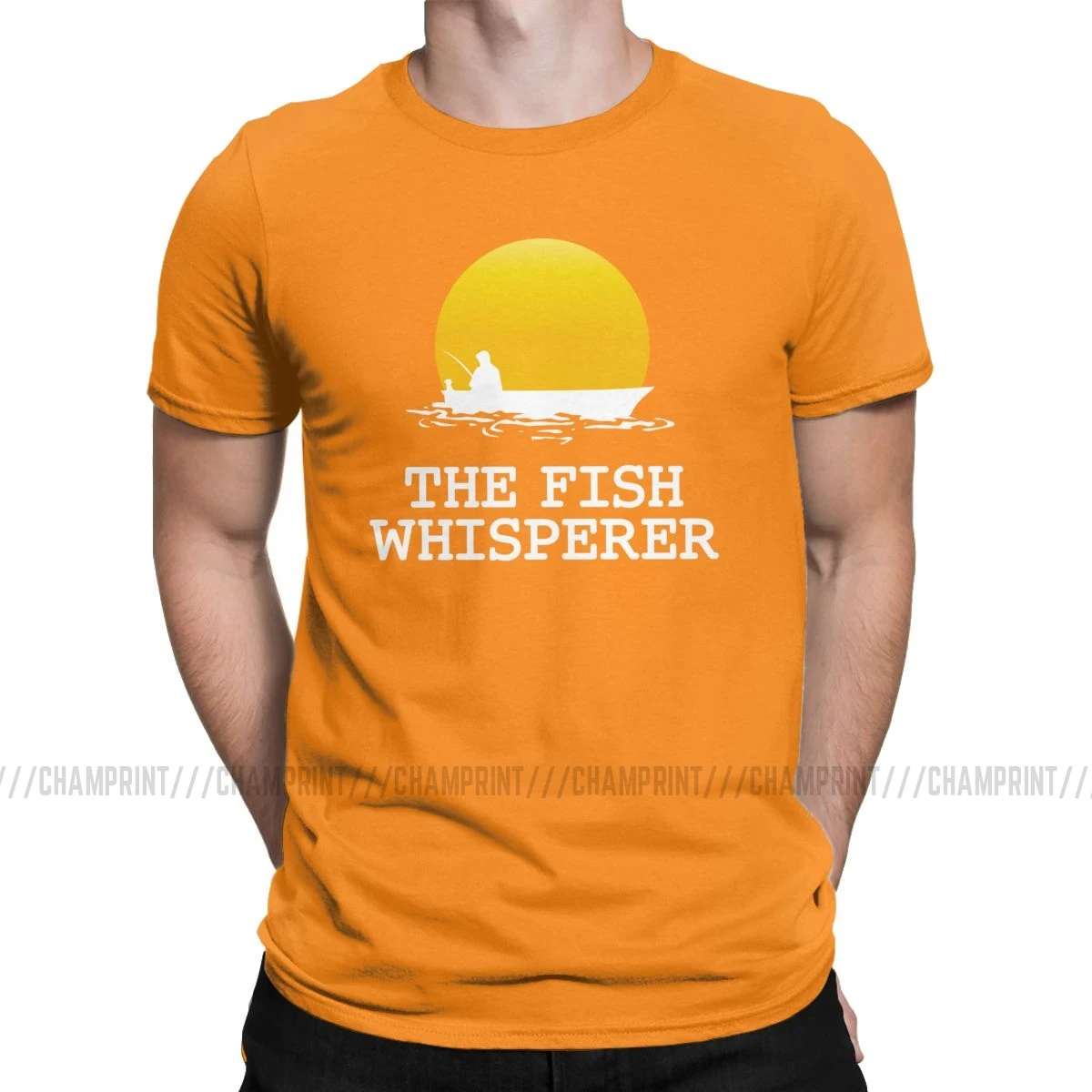 Для мужчин футболки рыба Whisperer Смешные натуральный хлопок Футболка короткий рукав Рыбалка смешные ботинки в рыбацком стиле; футболка с круглым вырезом Костюмы - Цвет: Оранжевый