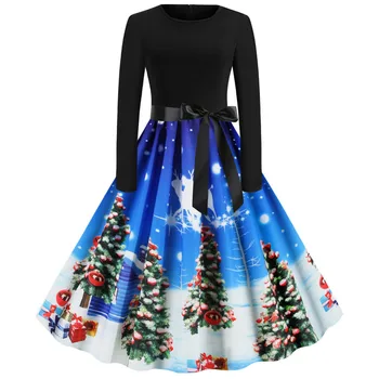 

Elegant Vintage Christmas Dress Women Long Sleeve Black Patchwork Print Party Dress 2019 Casual Midi Autumn Winter Women Dress