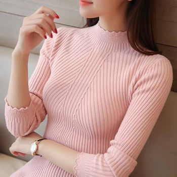 

New Fashion Mock Turtleneck Sweaters Solid Color Long Sleeve Slim Casual Ladies Autumn Winter Pullover Knit Sweater