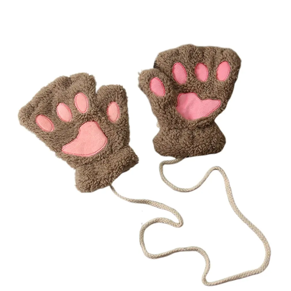 Перчатки Плюшевые без пальцев теплые пушистые митенки с когтями/кошачьими