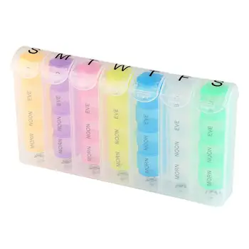 

1pc One Week Pill Organizer Colorful MORN/NOON/EVE/BED with Push Button Storage Box Pill Box Holder for Old People Traveling