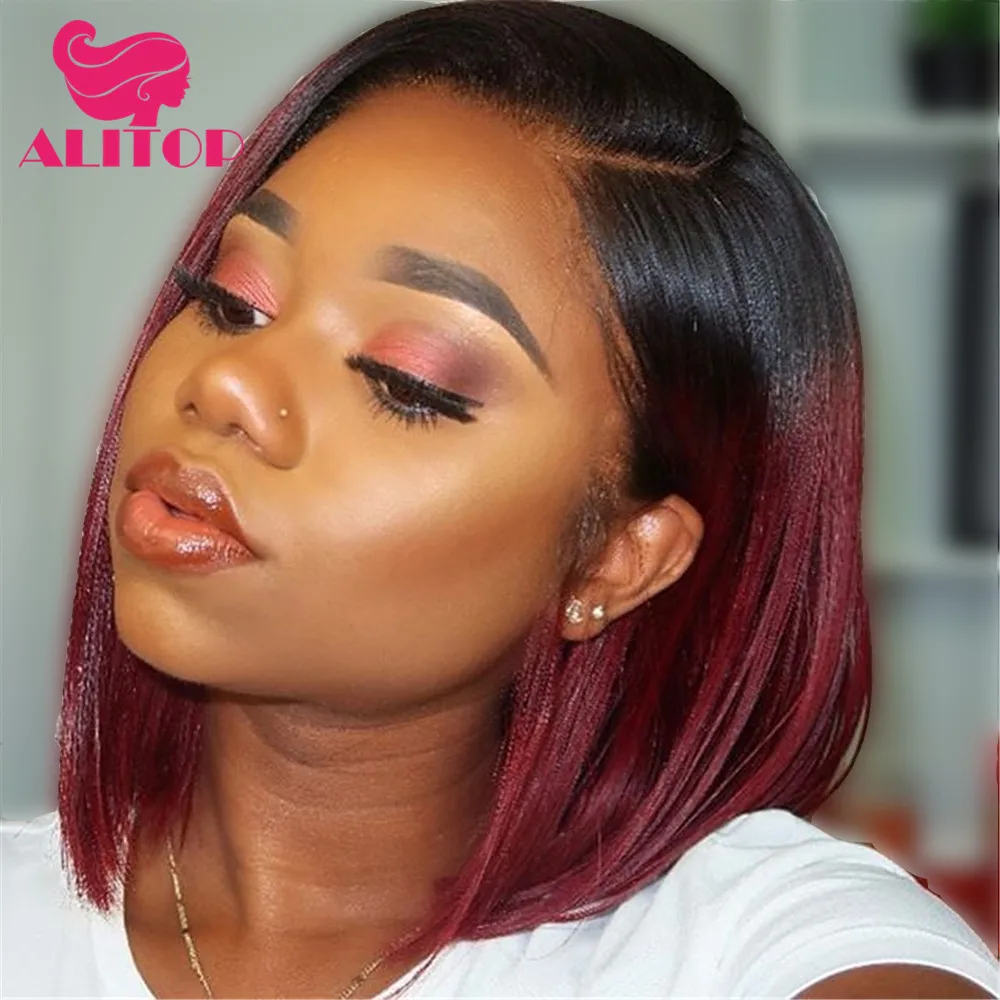 

ALITOP 1b99j Bob Wig 13x4 Lace Front Human Hair Wigs Ombre Red Straight Short Bob Wigs For Black Women Indian Remy Hair парик