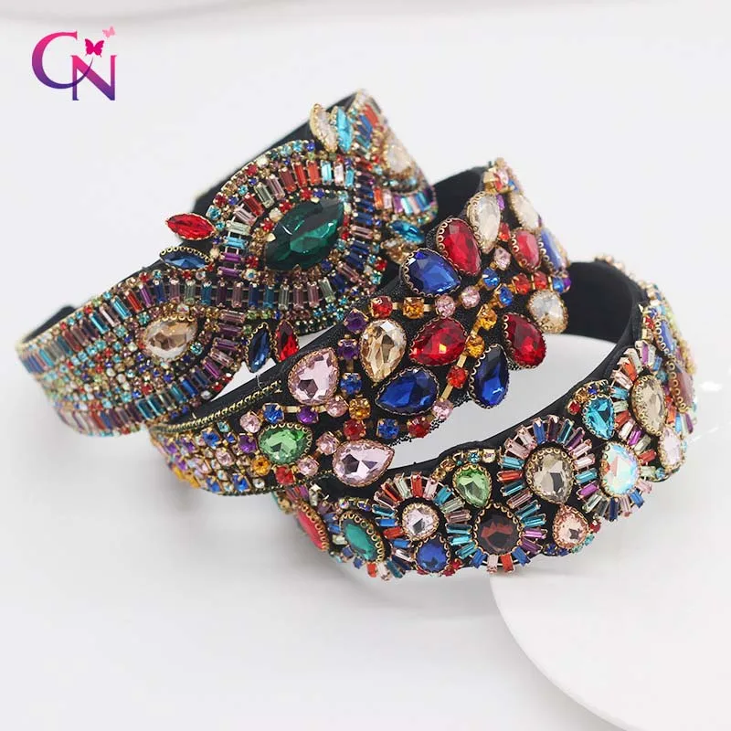 

CN 3 Pcs/lots Baroque Colorful Full Crystal Hair Bands Luxury Shiny Padded Rhinestone Wedding Headband For Women Bride Headband