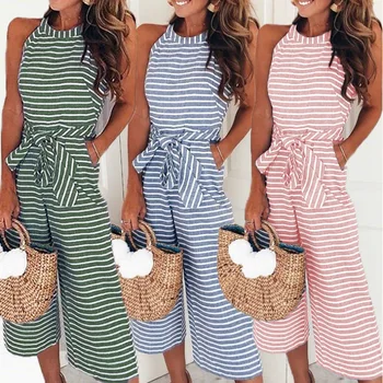 

2019 slim lace sexy striped round collar jumpsuit 5 colors