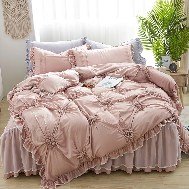 

Pink 4 pcs Heart Pinch Pleated Duvet CoverUltra soft Duvet Cover Ruffle Korean Bedding set Bed skirt for Girls