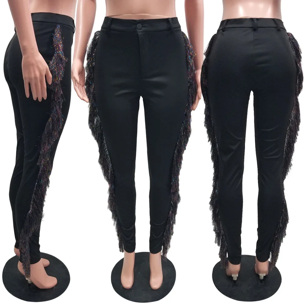 Женские брюки с кисточками, серебристые женские брюки, эластичные брюки-карандаш со средней талией, осенние женские брюки с бахромой - Цвет: Черный