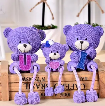 

3pcs Chinese Resin Handicraft Lovely Purple Teddy Bear Couple Lovers Decorations Cartoon Bear Wedding Home Decorations A Set