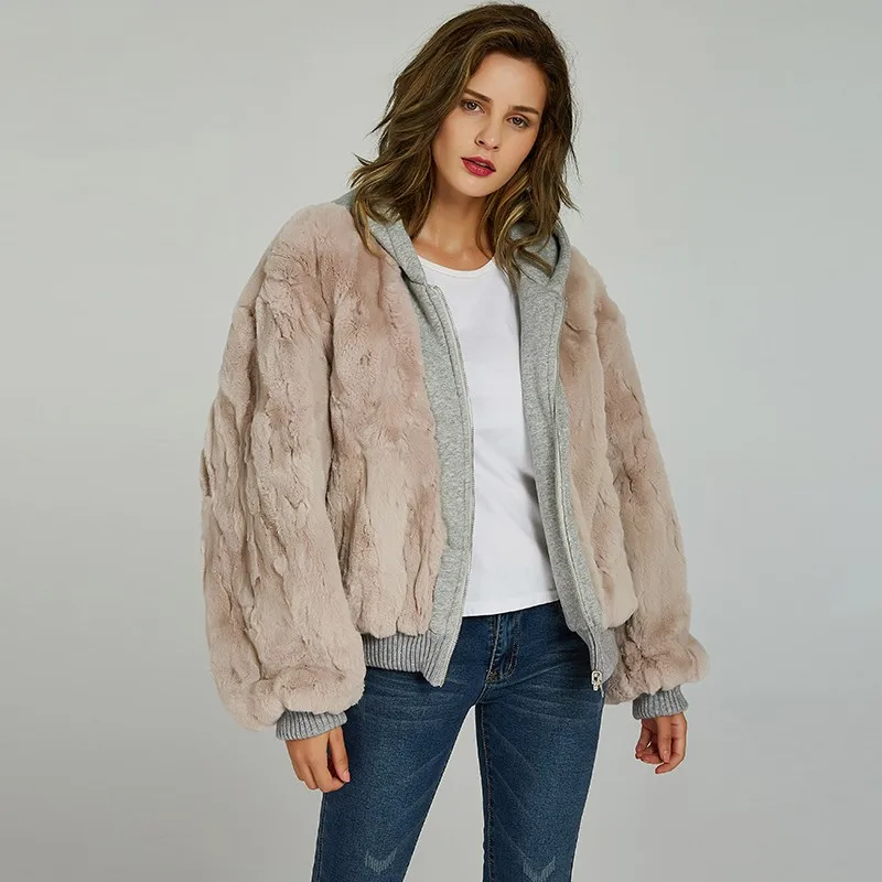 beige grey Новинка, модная женская куртка из натурального меха кролика Рекс, повседневная куртка свободного кроя с капюшоном, парка из лоскутков, Двустороннее пальто из натурального меха - Цвет: beige grey