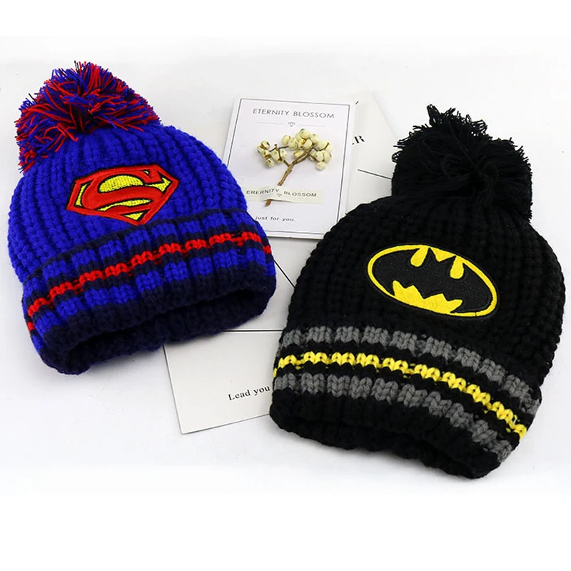 Детская шапка, зимняя шапка для детей, Супермен, Бэтмен, помпон, вязанная Милая шапка для девочек и мальчиков, Повседневные детские шапки, детские шапки