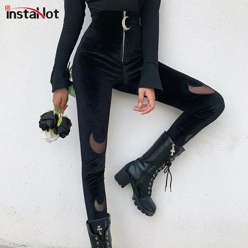 InstaHot, черные, лунные, лоскутные, готические, панковские штаны, женские, узкие, обтягивающие брюки, брюки на молнии, уличная одежда, Осенние, женские брюки