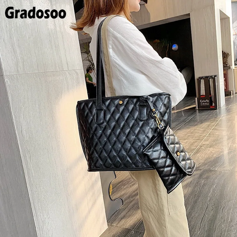 

Gradosoo Wax Oil Leather Shoulder Bag Women Handbag Large Classic Lattice Tote Bag Ladies Composite Bag Luxury PU Leather LBF721