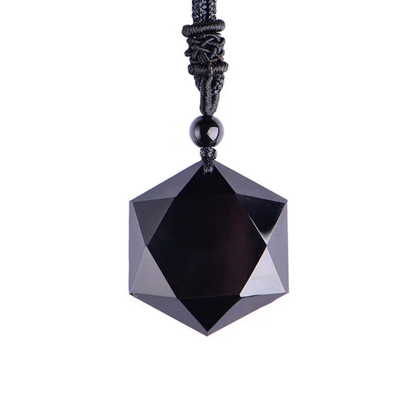 Женское ожерелье кулон черный обсидиан 3D резная звезда шестиугольная подарок