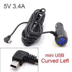 Compact Dual USB Car Charger with Extended 3.5m Cable - 5V 3.4A for Dash Cameras and GPS Devices, Input DC 8V - 36V (Mini Curved Left)